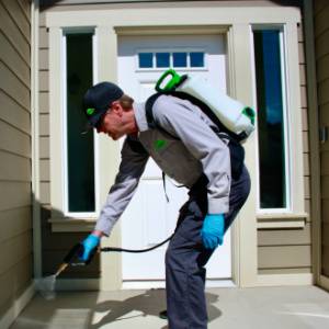 Technician-Spraying around the house entrance-Charlotte NC-Croach Pest Control-300x300