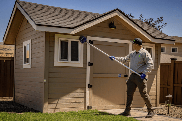 Croach technician in Boise ID sweeping windows for small wasp nests